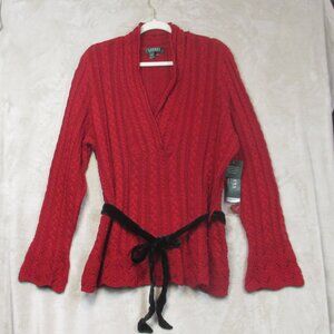 NWT Ralph Lauren Women's V-Neck Cable Knit Sweater with Velvet Belt Red Size 2X
